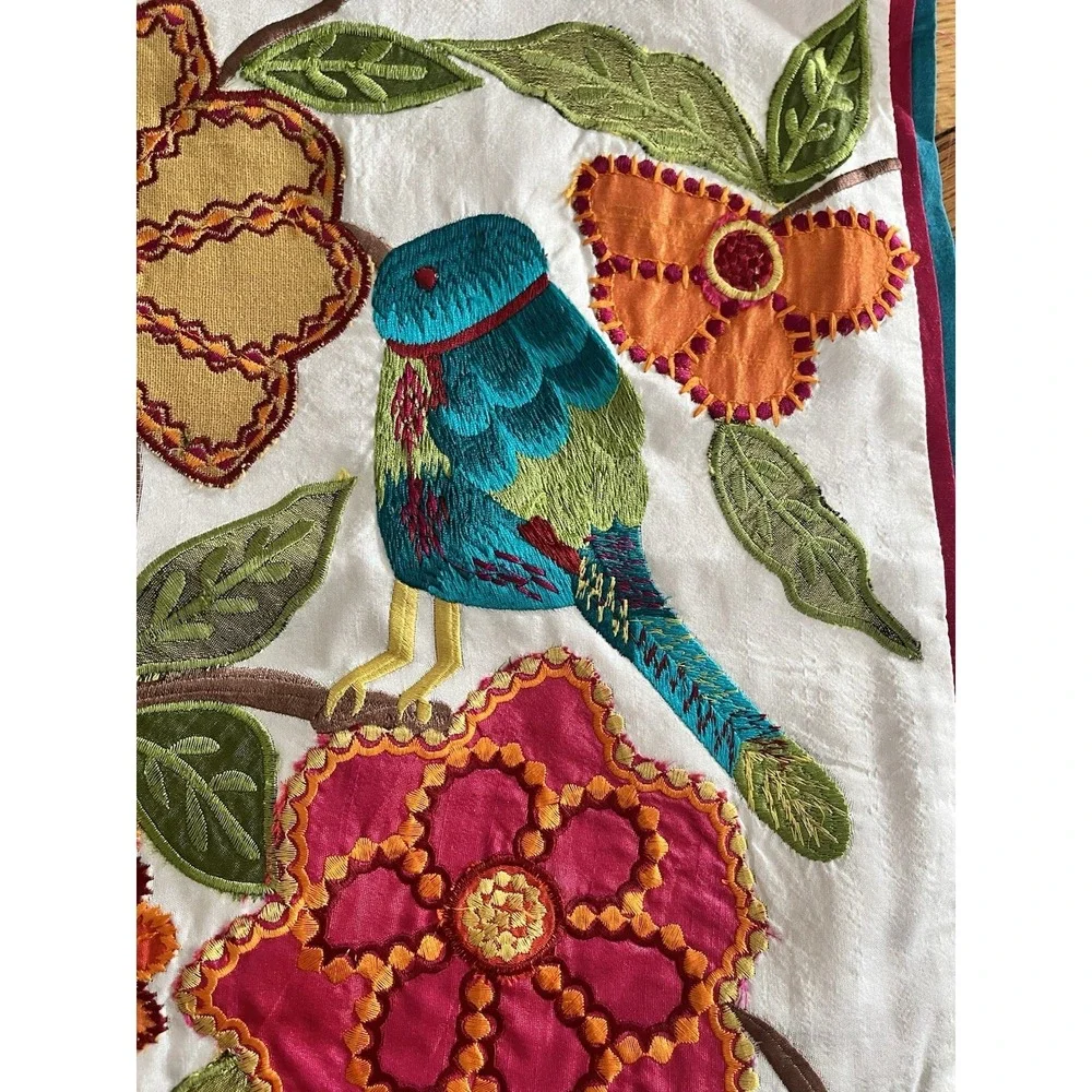A JOURNEY TO INDIA Pillow Sham Applique‎ Floral Bird Red Green Orange Blue Boho